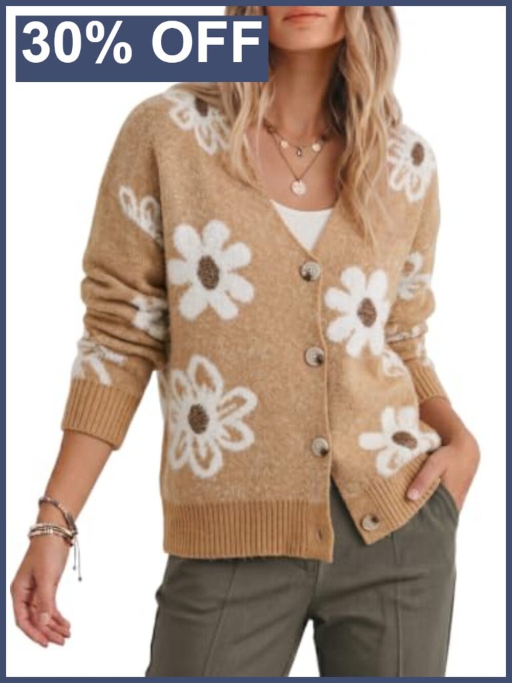 Dokotoo Women's Fuzzy Floral Knit Open Front Button Cardigan Sweater